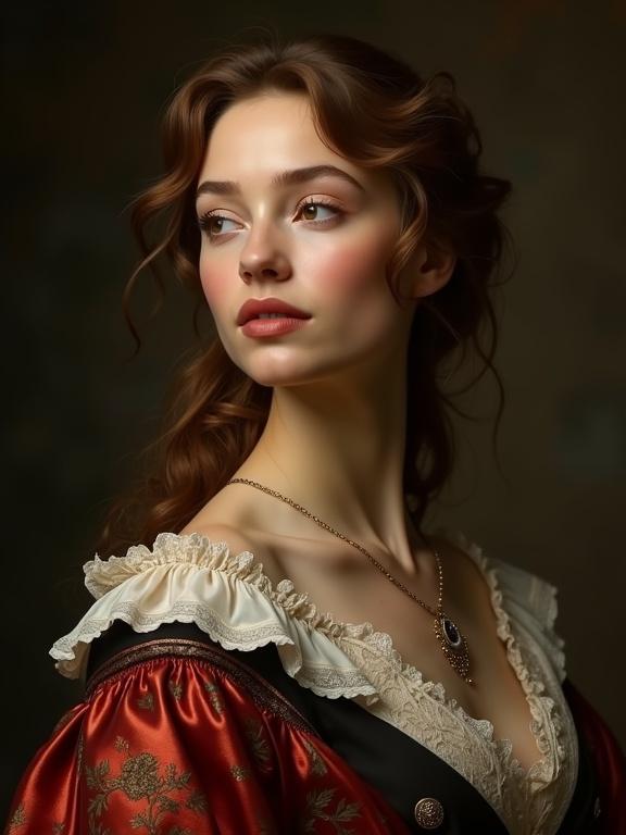 Picture of a woman in the style of Reynolds. She has soft features and elegant attire. The portrait highlights her beauty and grace.