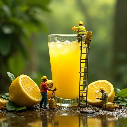 Tiny workers in safety gear operate around a tall glass of lemonade in a lush forest. They squeeze juice into barrels and stir the giant drink. Massive lemon slices and peels surround the scene, adding to the playful atmosphere.