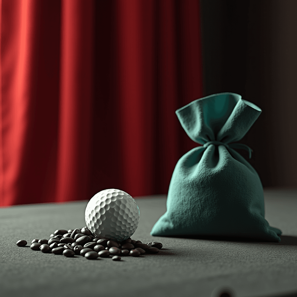 A white golf ball rests on a scattering of coffee beans beside a teal drawstring bag, set against a background of deep red curtains.