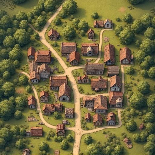 Birds eye view of a medieval village in the 900s. Detailed sketch styling of various buildings and farms. Green surrounding landscape and dirt paths connecting structures.
