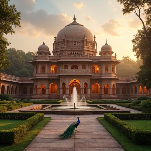 Enchanted Grand hotel image shows a grand ancient Indian palace featuring intricately carved sandstone walls large domes lush gardens fountains peacocks roam evening sun casts a golden glow on the structure