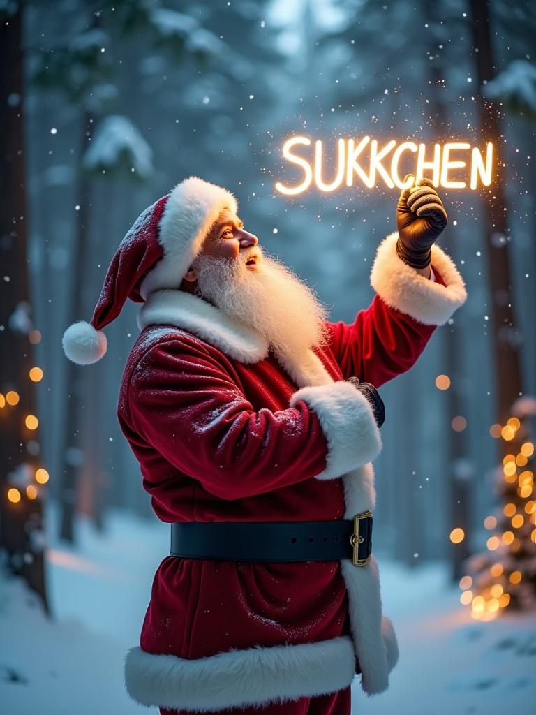 Santa Claus is standing in a snowy forest during Christmas time. He holds a glow stick and writes the name 'SUKHCHEN' in the air. Soft snowflakes are falling, creating a magical atmosphere. Warm lights sparkle in the trees. Santa's outfit is traditional red with white trim and a black belt. This image is festive and inviting.