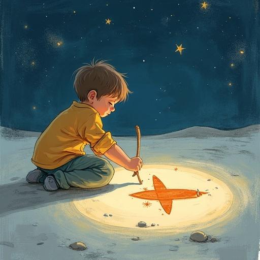 Child using a stick to draw a rocket ship shape on the moon's surface. Digital illustration in storybook fantasy style. High resolution with soft crayon-like colors and star sparkles. Scene illuminated by gentle moonlight ambiance. Background features a starry night sky.