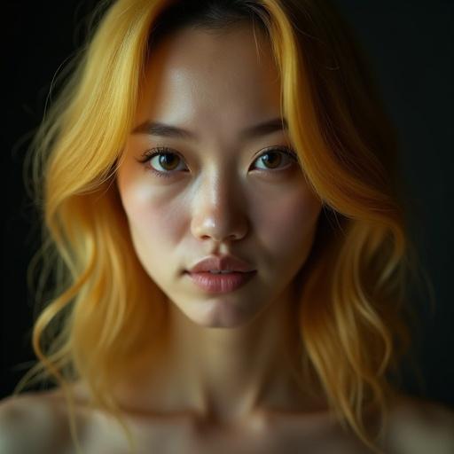 Portrait of a woman with captivating eyes. Softly lit against a dark background. Features yellow hair and a Chinese face.