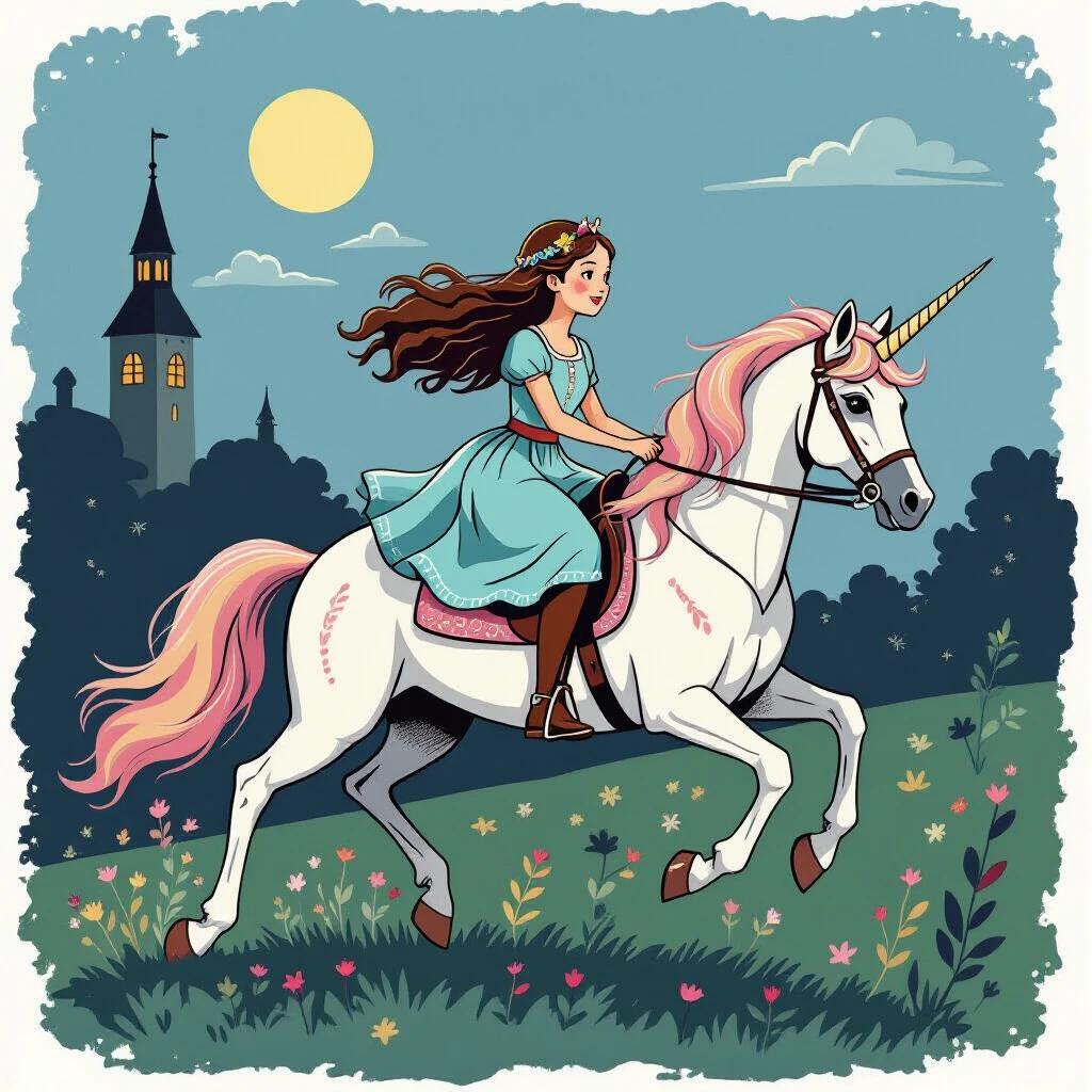 Illustration of a girl with long hair riding a unicorn in a light blue dress during twilight hours in Europe. The scene features a castle in the background and flowers on a grassy hill.