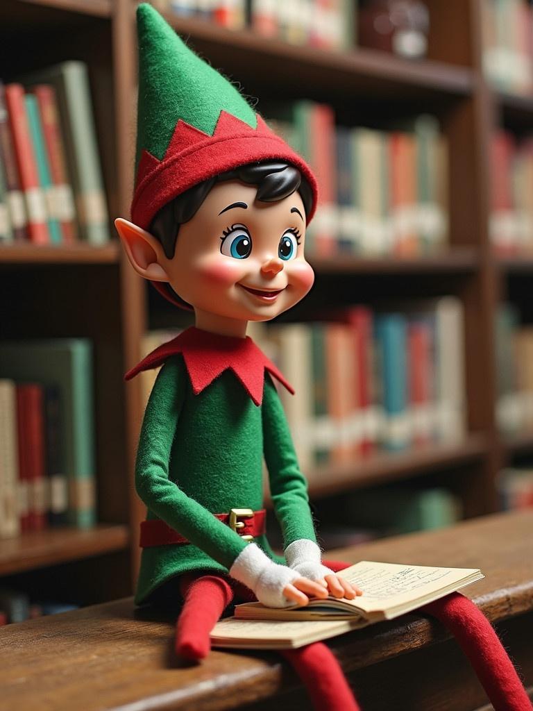 An animated elf character is seated on a wooden shelf in a library. Elf is dressed in a green outfit with red accents. The elf is reading a small book with a title page visible. Surrounding shelves are filled with books and are blurred in the background.