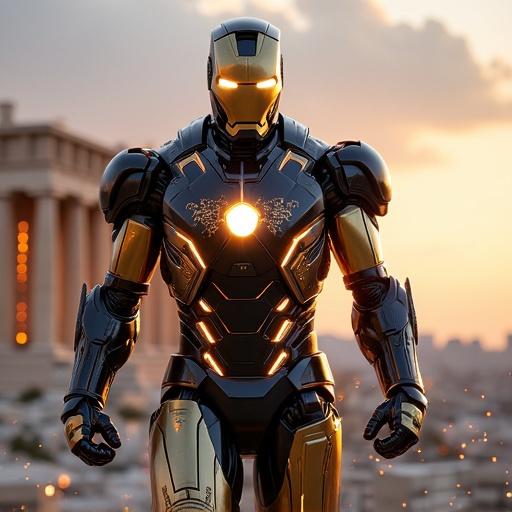 Highly detailed depiction of Iron Man reimagined as Greece. Heroic stance, metallic armor fused with Greek identity. Bronze and obsidian design, gold energy veins. Chest reactor glows with golden Greek Key. Faceplate engraved with mythological patterns. Eyes glowing golden-white. Arms inspired by Spartan armor. Gauntlets with golden conduits. Legs with marble textures, column-inspired. Futuristic Athens skyline in background with neon-lit Parthenon. Sparks and energy effects around.