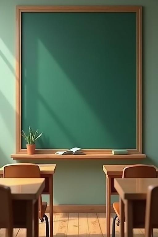 3D animated classroom background featuring a blackboard and wooden furniture