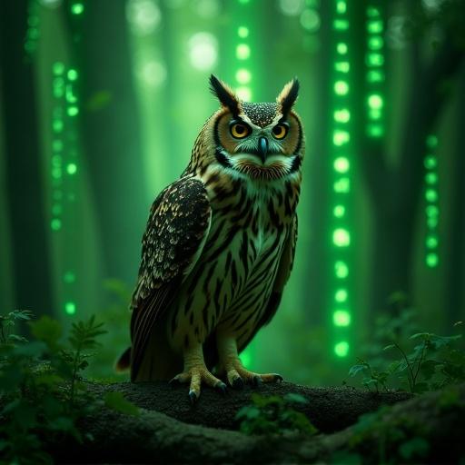 An owl stands majestically in a dense green forest. Mysterious green numbers cascade in the background. The owl has glowing yellow eyes. Its feathers display intricate patterns. The atmosphere is dense and atmospheric with a hint of fantasy.