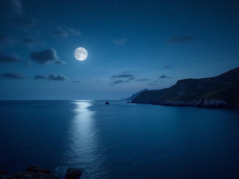 Natural landscape featuring the sea during night with a bright moon and stars visible overhead. Calm ocean water reflects the moonlight. Scenic cliffs are visible in the background.