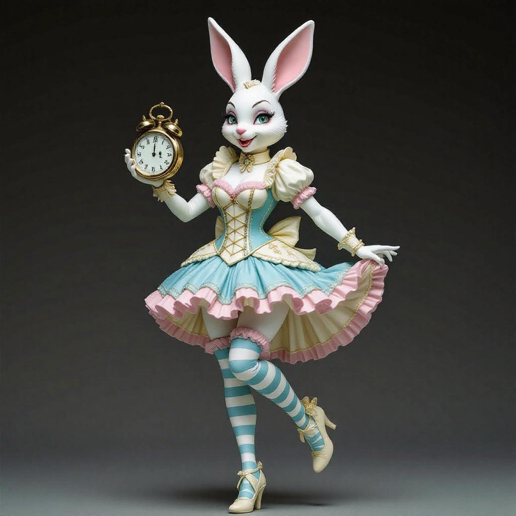 Highly detailed resin sculpture of a stylized woman inspired by White Rabbit from Wonderland. She stands in a dynamic pose with one leg forward and an anxious yet flirtatious gaze holding a giant pocket watch. Wearing a sexy Victorian-inspired outfit with a corset, short ruffled skirt, white or striped stockings, and cute bunny ears. Face shows sweet yet mischievous expression with soft waves of hair. Base includes details such as a fallen clock, gears, petals, and a crooked sign, conveying elegance and magic.