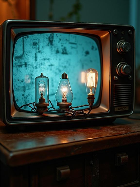 A vintage television serves as a frame for three glass tubes and bulbs. Wires are intertwined creatively. The background is a textured teal. Bulbs have warm and inviting light. The TV has classic dials and a retro design. The scene evokes a sense of nostalgia for vintage electronics.
