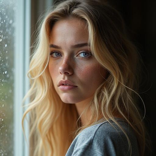A stunning Nordic woman with long wavy blonde hair featuring soft purple streaks. Her violet eyes are framed by delicate lashes. Light freckles adorn her sun-kissed cheeks and nose. She has a slim nose and full sensual lips. The expression is confident and serene. The woman looks out a rain-speckled window. A loose grey tee is worn. The hair is damp and sticking to her skin. The lighting is soft and dreamy. This is ultra-realistic portrait photography with fine detail and high resolution.