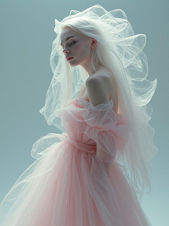 A silhouette of a model wearing a flowing pale pink gown. The dress has layers of tulle and soft textures. The background is a pale gradient that enhances the ethereal feel. The image embodies elements of high fashion and abstract art.