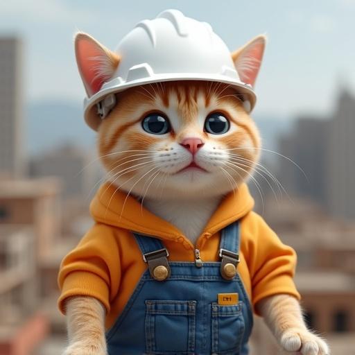 Realistic cat in a white safety helmet and blue work uniform at construction site, smiling. Genba Neko style illustration.