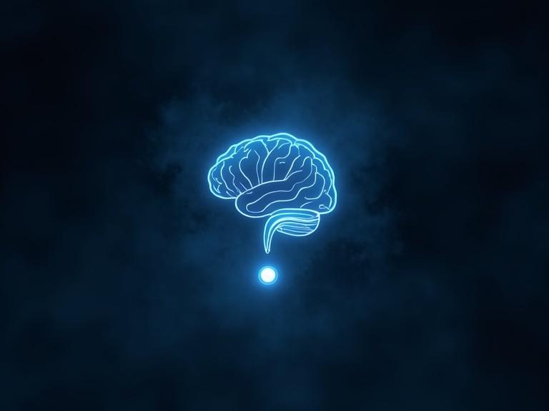 Create a minimalist profile picture suitable for TikTok. Design a glowing blue brain combined with a question mark above a dark smoky background. The design should be centered and readable at a small size. Use a circle crop format with no text.