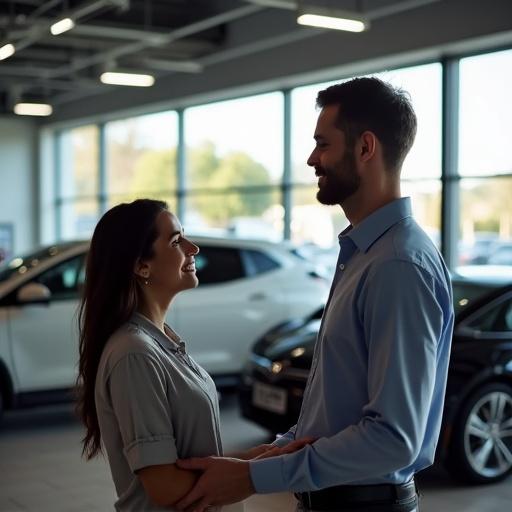 Image depicts a seller successfully closing a sale in a car shop. Two individuals facing each other with smiles. Background features multiple cars on display. Indoor dealership setting, warm and inviting atmosphere.
