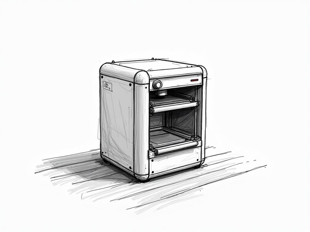 Create sketches in black and white for a design thinking process about an automatic cooking machine. This machine sorts ingredients and cooks meals at the touch of a button. Users fill a drawer with ingredients. The machine processes and cooks automatically. Finished meals come out at the front. Target audience: People who want to avoid cooking or cleaning. Benefits: 100% time savings, zero stress, maximum convenience.