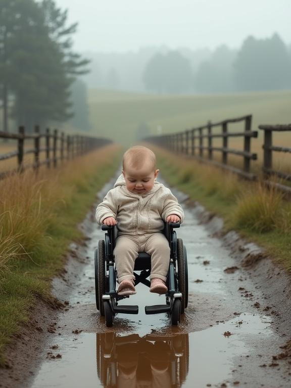 Image of a baby in a wheelchair on a muddy country path. Misty background with hills trees and fence. Baby wears soft neutral clothing and looks curious and happy. Scene captures resilience innocence and nature.