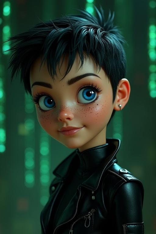 Character with blue eyes and black pixie hairstyle wearing a black leather suit in a green matrix background.