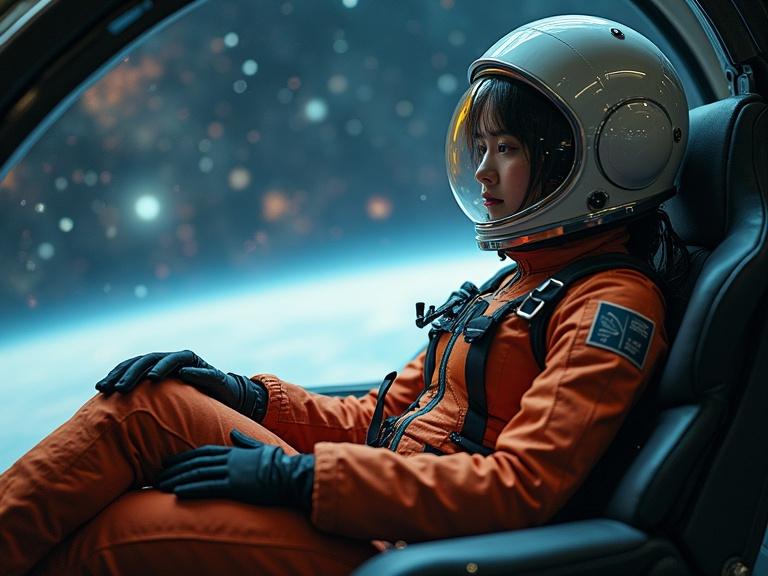 Female astronaut in an orange spacesuit sits inside a spacecraft with a helmet on. Hair flowing out in colors. Background of stars and nebulas visible through a window. Scene is cinematic and highly detailed.