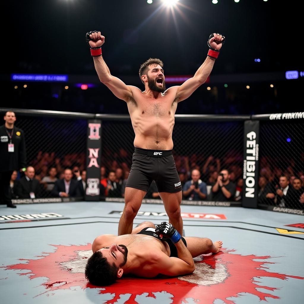 Sean O'Malley celebrates his victory over Merab Dvalishvili in a UFC match. O'Malley stands above a knocked out opponent in the octagon.