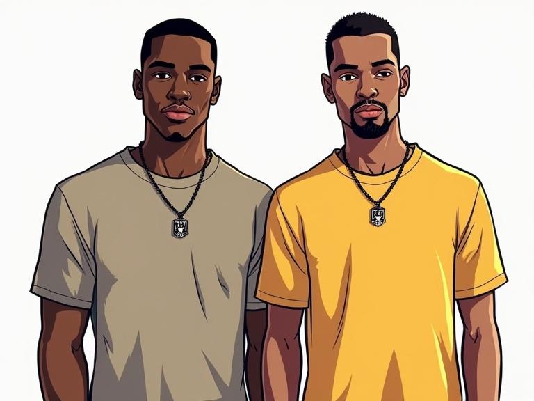 Two male characters standing side by side. One character wears beige t-shirt. The second character wears yellow t-shirt. Both look directly at the camera. Characters are not touching. Full frontal view with no background. The image mimics Grand Theft Auto 3 art style. 4-bit color palette used. Coloring is flat with vibrant tones. Image is steady and illustrates no movement.