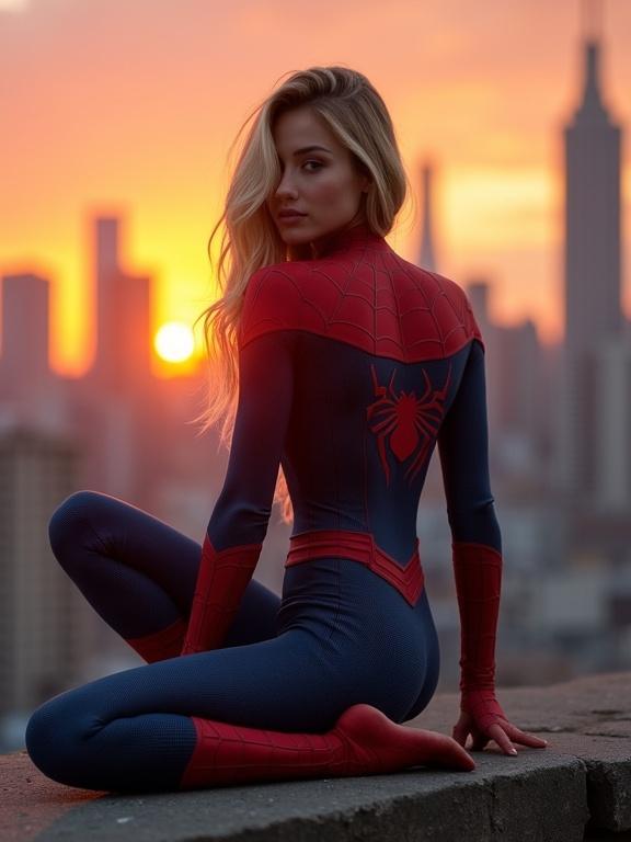 A girl in a tight-fitting spider suit poses on a ledge. City skyline at sunset fills the background. She shows confidence with her hands on her hips. High-definition shot captures details beautifully. A blend of realism and superhero aesthetics.