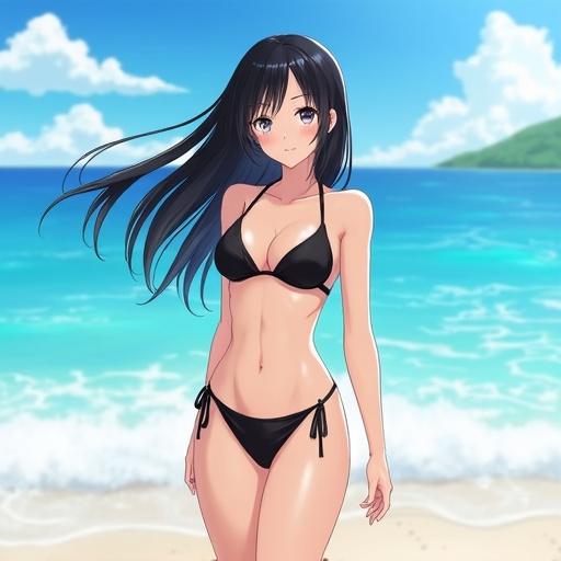 Illustration of an anime character on the beach. Character has long black hair and hime cut. Grey eyes and athletic build. Wearing a black bikini. Bright blue ocean in the background. Sunny weather with gentle breeze. Hair flowing. Evokes a fun summer atmosphere.