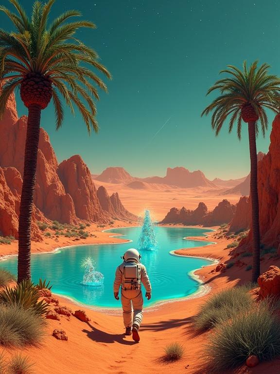 An astronaut walks through a Martian desert towards an oasis. The oasis has clear lagoons and jellyfish. Surrounding are metallic palm trees with glowing leaves. The sky has shooting stars.