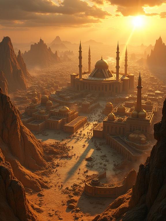 Top-down view of a sprawling city on cliffs. Obsidian minarets and golden domes dominate the skyline. Lush gardens surround merchant galleys. Crumbling slums contrast with luxury under a desert sun. Shadows create intricate patterns. Golden hour light enhances features. Distant spires appear hazy. The city layout has a central Shadow Keep. Gilded palaces and varied architecture surround markets. The mood is contrasty and moody. Blend of Persian, Byzantine, and Ottoman styles is visible.