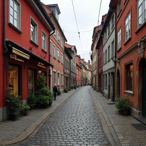 Cobblestone streets in Gamla Stan, Stockholm, with traditional buildings lining both sides and a serene ambiance