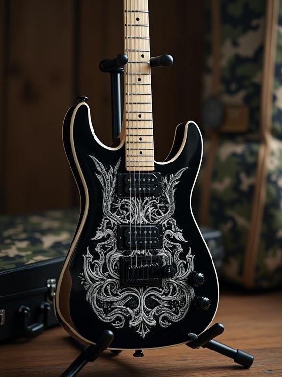 A B.C. Rich Warlock guitar on a stand with a camo carrying case in the background. The guitar features an intricate black and white finish with a medieval design.