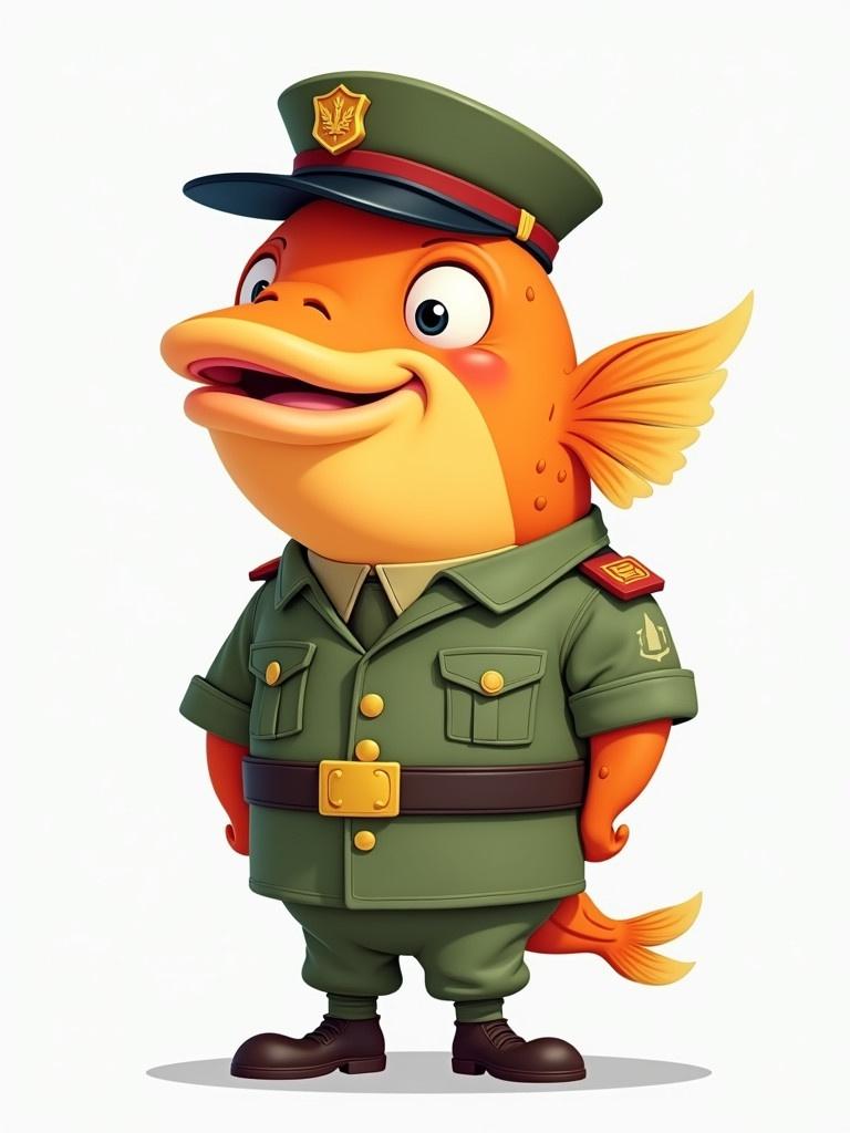 Cheerful cartoon fish character dressed in military uniform. Happy facial expression. Standing confidently. Bright colors and playful style. Perfect for children’s content.