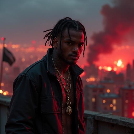 Realistic male rap artist with short dreadlocks on a gritty rooftop at night. Red glowing city background with smoke and fire. Tattered flag waving in the wind. Cinematic lighting. Hyperrealistic urban decay.