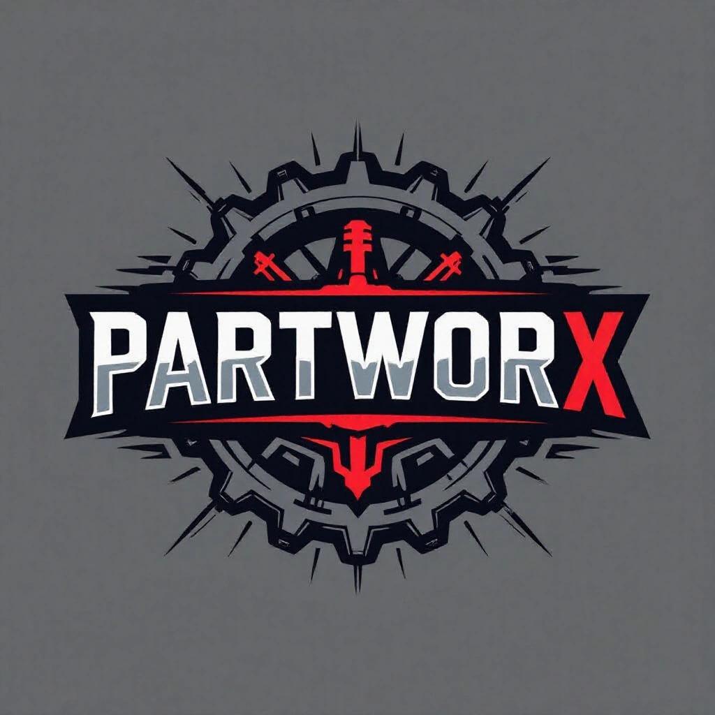 Modern clean automotive logo for PartWorx. Features strong industrial-style typography. Includes mechanical and gear elements. Uses a bold font with a tech feel. Color scheme includes black dark grey and red accents. Emphasizes professionalism power and speed. Suitable for an online auto parts store. Vector style minimal sharp edges no cartoon elements.