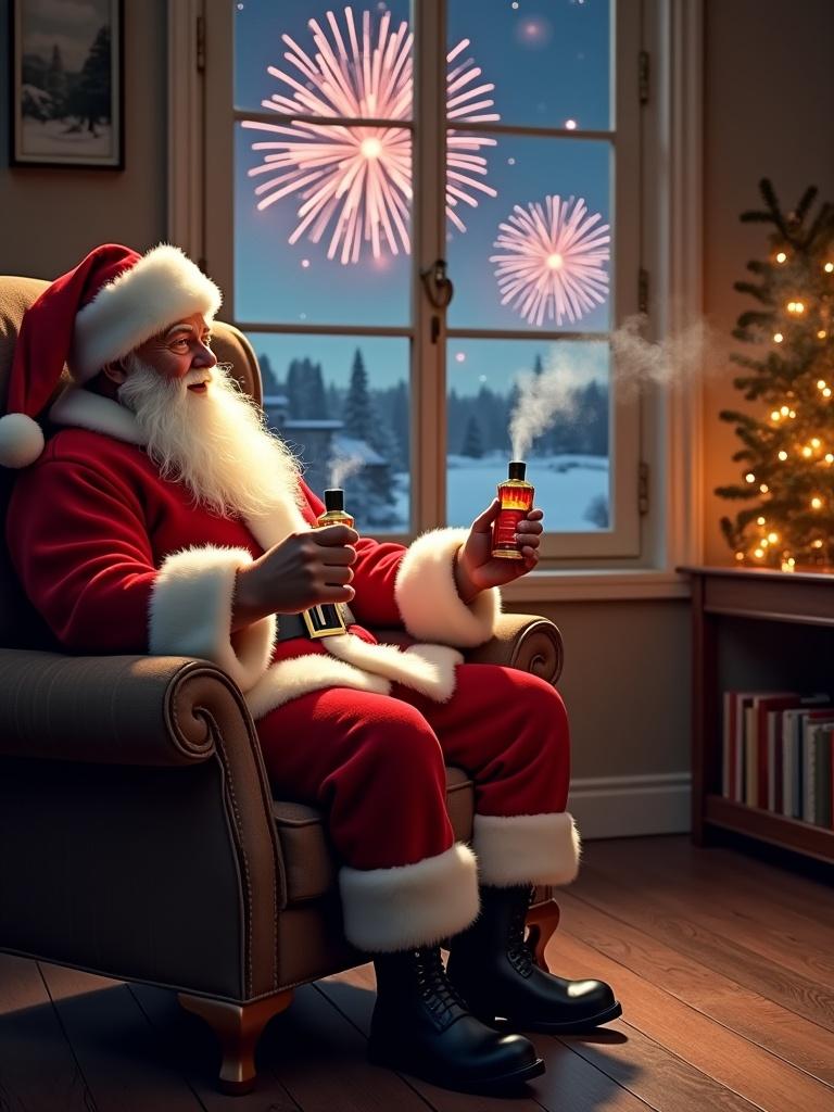 A cozy scene with Santa Claus seated in an armchair. Santa sprays a perfume holding a bottle. Fireworks are seen outside a window. A warm home atmosphere is created with soft lighting. The wooden floor adds rustic charm. Right side is empty for text.