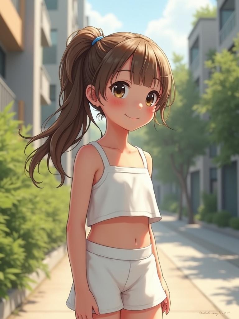 A young girl stands outdoors with long hair styled in a ponytail. She wears a white two-piece outfit. Her smile is soft and welcoming. The surroundings show buildings and greenery suggesting a relaxed summer atmosphere.