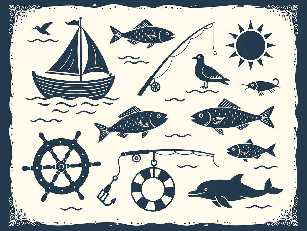 Black vector images of a boat with a sail fish fishing rod seagull sun wave dolphin gaff hook float on white background. Illustrations depict fishing theme from 1880.