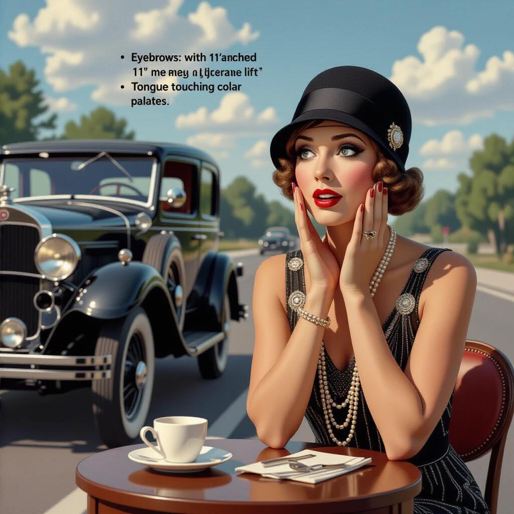 Photorealistic scene from 1928 featuring a fashionable socialite in a cloche hat and a beaded dress. She shows a puzzled expression with palms pressed to cheeks. In the background is a vintage Steam engobe car. Detailed references to her accessories and the environment enhance the comedic element of surprise at the car's engine.