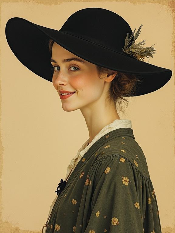 A smiling woman wearing a stylish hat that resembles a lepiote. She has a vintage outfit with floral patterns. The background is warm and neutral.