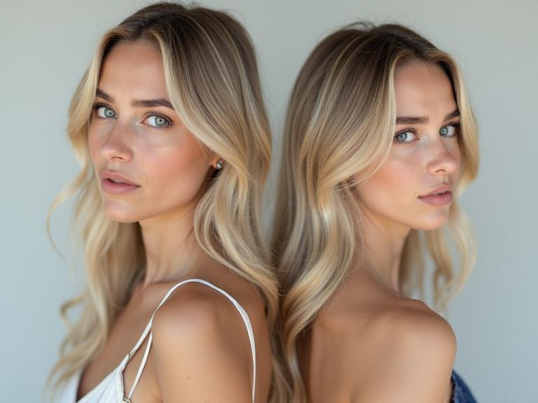 Image with two photographs side by side. Left side features a young blonde woman portrait looking at the viewer. Right side shows the same woman in profile view. Background is light gray with natural lighting. Image is high quality and photorealistic.