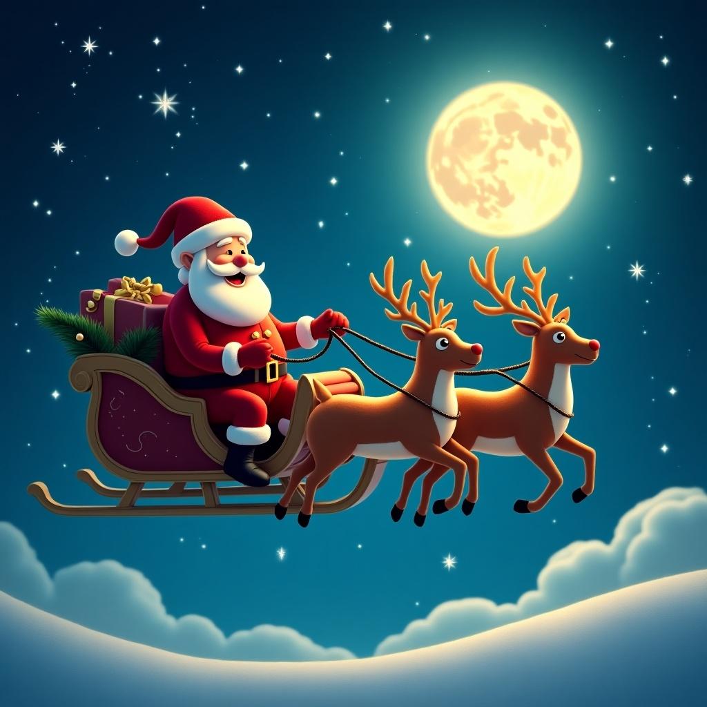 Santa Claus flying on a sleigh with reindeer in a starry night sky. Bright full moon and fluffy clouds. Santa is cheerful with gifts in the sleigh.