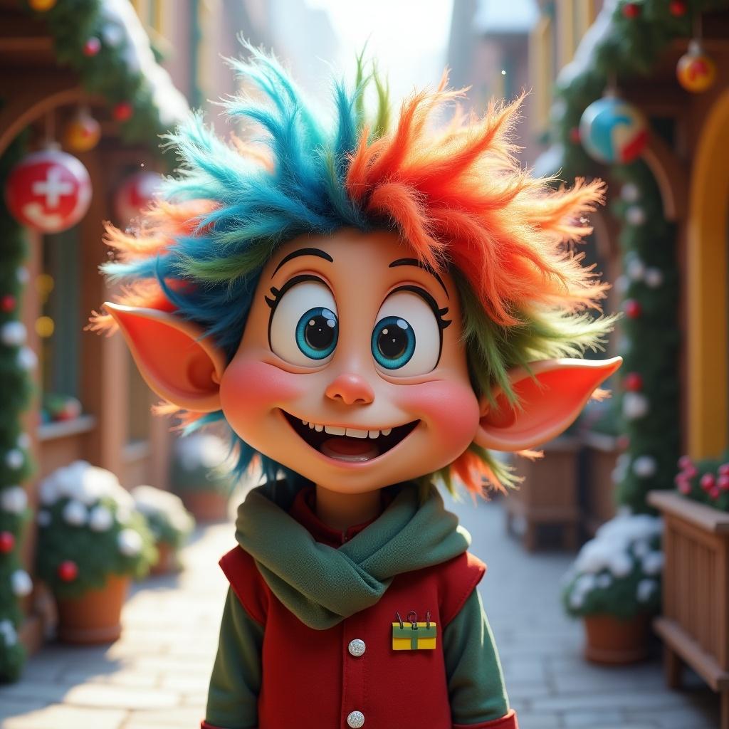 Whoville character with vibrant hair standing in a festive setting. Character wears a colorful, whimsical outfit. Background features holiday decorations.