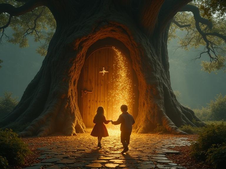 A dynamic dolly shot of children approaching a glowing door in an ancient oak tree. The boy shields the girl while she clutches his sleeve, eyes wide with wonder. Golden particles swirl from the door as their faces show astonishment.