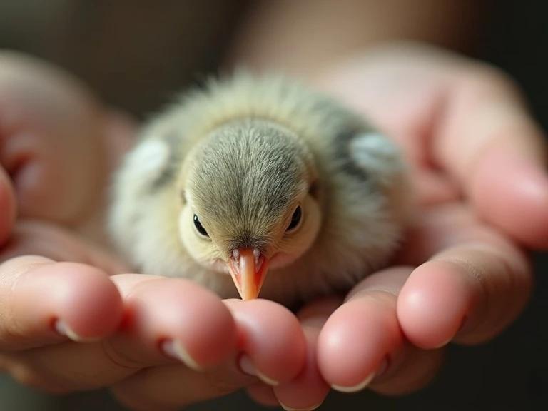 Close-up of a tiny pink newborn bald chick in the palm of a hand. The chick has sparse plumage in pale green and grey tones. The eyes are closed and the lighting is soft and natural. The scene conveys a warm and intimate atmosphere. The focus is on the chick's delicate features. The moment expresses the beauty of nature and connection between human and animal.