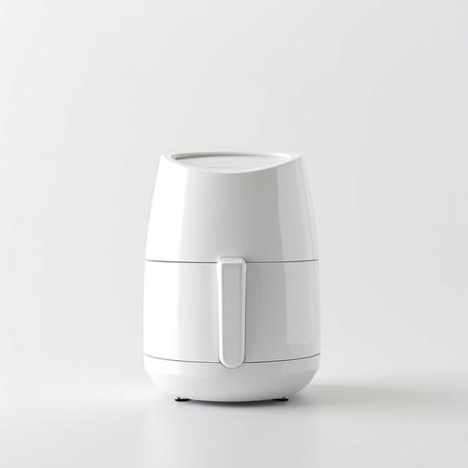 White halogen fryer with a glass body. The design is minimalist and sleek with a rounded form. The image is photorealistic on a plain background.