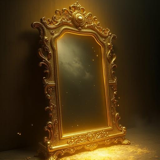 A golden mirror with ornate baroque patterns. The mirror shows a dark image instead of a reflection. The room is shadowy and mystical with a warm glow. Dust particles are in the air, creating a magical feeling. The atmosphere is eerie and mysterious. High-detail fantasy art with strong light and shadow.