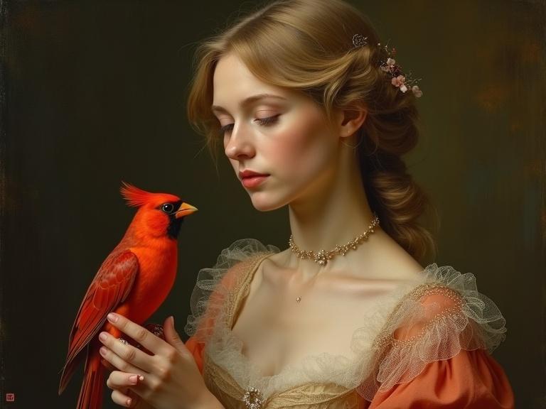 A painting featuring a woman elegantly dressed holding a vibrant red bird. The composition reflects inspiration from classic European art styles. The background is softly lit, enhancing the details of her attire and the bird.