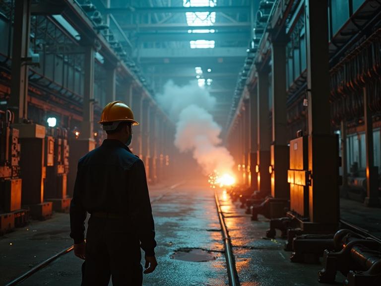 Cinematic interior of an electrical substation. Sparks fly from cables. Smoke rises in the air. A technician looks overwhelmed and panicked. He wears a basic work outfit and a hard hat.